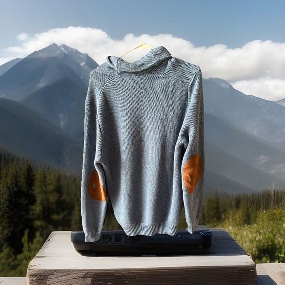 Joseph Abboud Blue Fisherman's Cowl Neck Sweater L Mens Elbow Patches - Picture 3 of 10